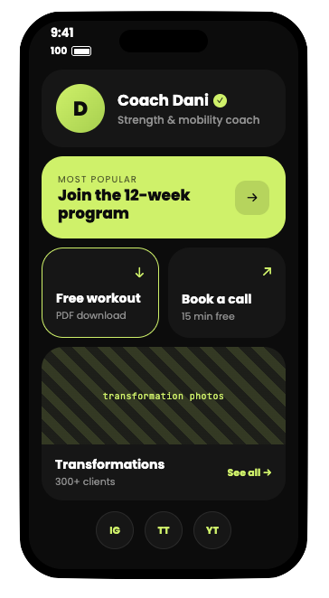 Fitness link in bio page built with ContentLinks
