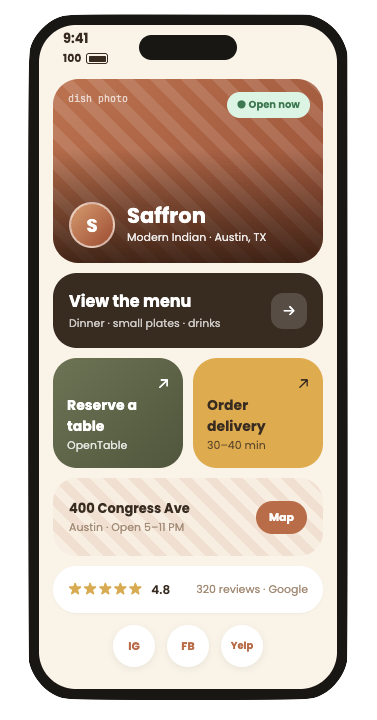 Restaurant link in bio page built with ContentLinks